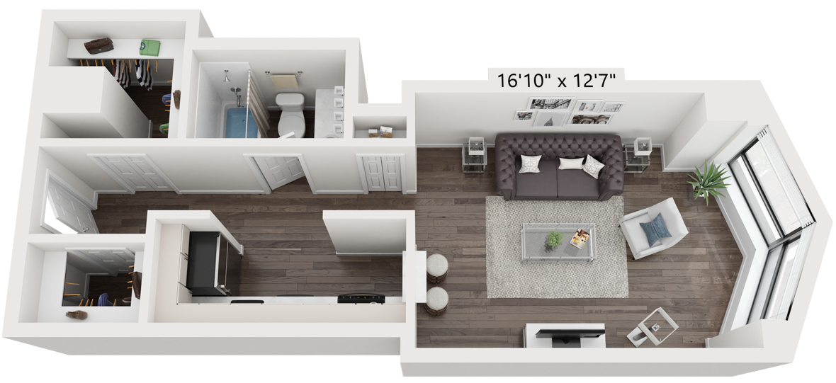 Floor plan for studio, 1 bath, 505 sqft